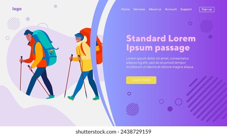 Couple with backpacks practicing trekking. Couple of campers walking with poles outdoors flat vector illustration. Adventure travel, activity concept for banner, website design or landing web page