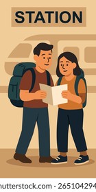 A couple with backpacks are standing on the train station platform and studying a map.The vector illustration conveys the atmosphere of travel and joint planning. A couple on the background of a train