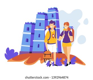 Couple with backpacks tourism sightseeing ancient castle vector. architecture and landmark man and woman hiking or walking vacation or holidays traveling journey or trip foreign country exploration.