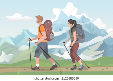 Couple with backpacks traveling together. Mountain tourism, recreation, trekking, hiking. Beautiful outdoor landscape. Vector illustration.
