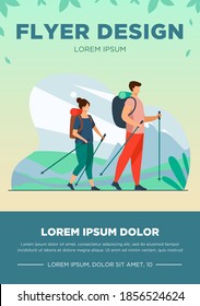 Couple with backpacks walking outdoors. Tourists with Nordic poles hiking in mountains flat vector illustration. Vacation, travel, trekking concept for banner, website design or landing web page