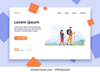 Couple with backpacks walking outdoors. Tourists with Nordic poles hiking in mountains flat vector illustration. Vacation, travel, trekking concept for banner, website design or landing web page