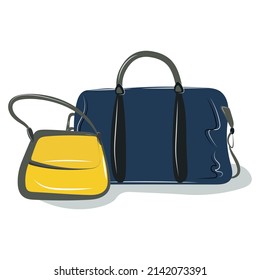 Un par de bolsas. Bolsas de viaje y de mujeres. Azul y amarillo. Colores brillantes en apoyo a Ucrania. Ilustración aislada del vector.