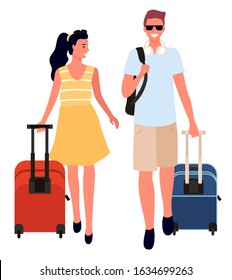Couple with bags traveling in different destinations vector, isolated man and woman carrying luggage. Flights and travels, journey wanderlust person