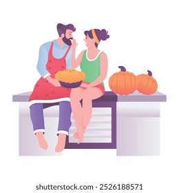 A couple baked a pumpkin pie, a flat style illustration 