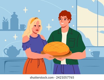 Kuchenbrot. Mann und Frau mit Teig. Eigene Konditorei und Bäckerei. Dessert und Delikatesse. Junge Junge und Mädchen mit großem Laib. Poster oder Banner. Cartoon-Flavektor-Vektorgrafik