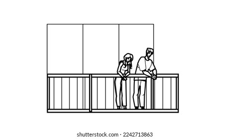 couple balcony line pencil drawing vector. young woman man, love together, boyfriend romantic, lifestyle romance, vacation couple balcony character. people Illustration