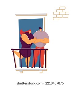 Couple At Balcony Of Their Own Apartment Vector Illustration. People At Home. Family Or Neighbors Concept