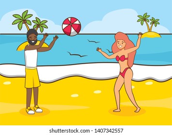 couple with ball playing in the beach vacations vector illustration