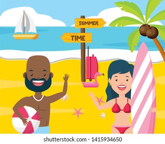 couple ball surfboard bag float flamingo palm tree beach vacations summer time vector illustration