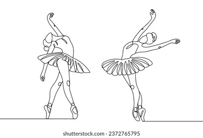 A couple of ballerinas are dancing. Ballet performance. World Ballet Day. One line drawing for different uses. Vector illustration.