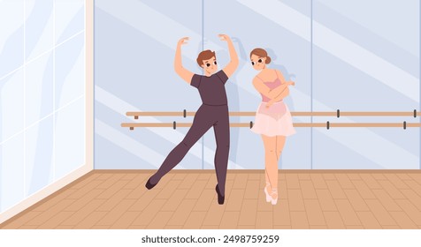 Couple of ballet dancers rehearsing in dancing room. Ballerina dance with partner, young dancer workout. Cartoon art school vector scene