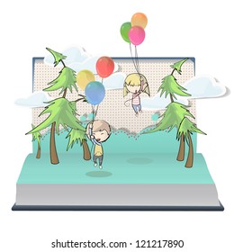 couple with balloons in beautiful landscape inside a book. Vector design.