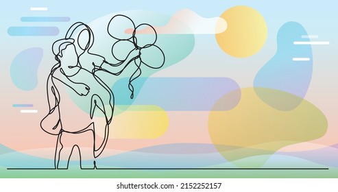 couple with balloons - continuous line drawing
