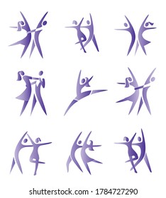 Couple ,ballroom dancing ,icons.
 Set of violet symbols.Isolated on white background. Vector available.