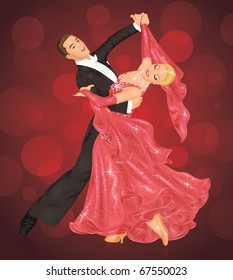 Couple Is Ballroom Dancing On The Red Background.