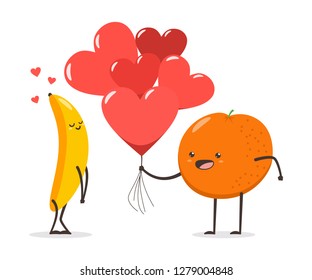 Un par de plátanos y naranjas con corazones y globos de aire. Caricatura vectorial del Día de San Valentín tierno personaje de fruta aislado en fondo blanco.