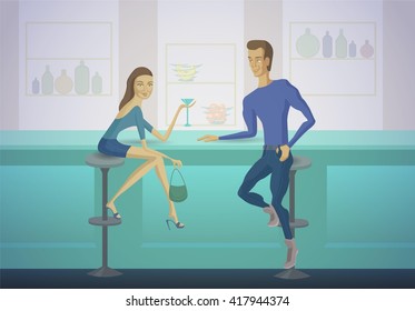 Couple at the bar vector illustration. Man and  woman sitting at the bar counter