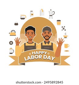 couple Barista Labor Day Flat illustration wave hand