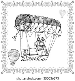 A couple in baroque clothes flies in old fashion  hot-air balloon, vintage vector design for Saint Valentine`s day