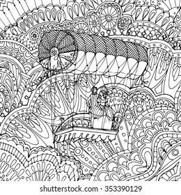 A couple in baroque clothes flies in old fashion hot-air balloon on zentangle patterned background, vintage vector design for Saint Valentine`s day