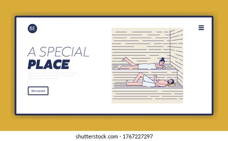 Couple bathing in sauna or banya. Spa resort landing page template with cartoon man and woman relaxing in spa. Activity for healthcare, wellness and recreation concept. Linear vector illustration