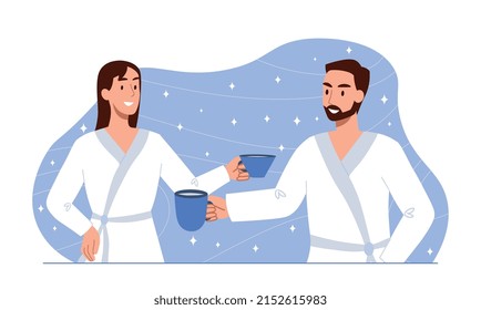 Couple in bathrobes. Man and girl with mugs of hot drinks, coffee or tea. Comfortable stay at hotel. Happy family at weekend, cozy apartment, weekends at home. Cartoon flat vector illustration