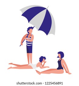 couple with beach clothes and umbrella