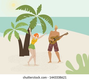 Couple At Beach Party Flat Vector Illustration. Guy Playing Guitar, Girl Dancing Cartoon Characters. Man And Woman Summer Holiday Vacation On Tropical Sea Resort. Young Students, Teens Road Trip