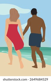 Couple beach walk. vector illustration