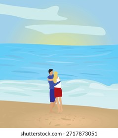 Pareja paseo por la playa. Ilustración vectorial