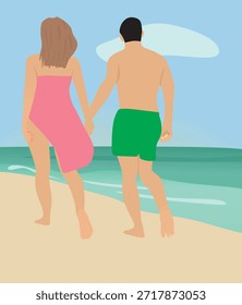 Pareja paseo por la playa. Ilustración vectorial