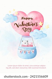 Couple Bear flying on sky with heart shape hot air balloon in watercolors style and example texts on blue paper pattern background. Valentine greeting card in vector design.