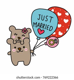 Couple bear and just married balloon cartoon vector illustration