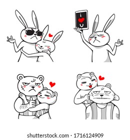 Couple bear and rabbit sweet love, happy cartoon style