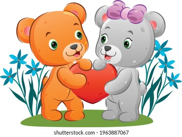 The couple bear is sharing and holding their love doll with their hands of illustration