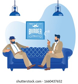 Couple Bearded Stylish Men in Classic Suits and Hat Looking like Gentlemen Smoking Cigars, Drinking Alcohol Drinks Sitting on Sofa Communicating in Club or Barber Shop Cartoon Flat Vector Illustration