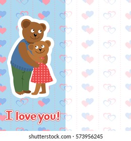 Couple of bears hugging. Vector illustration of Valentine s day congratulation card. I love you inscription