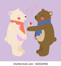 Couple of bears in love with flower in hand