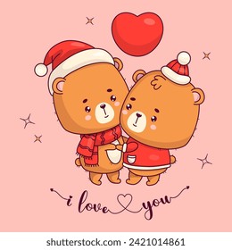 Couple bears in love. Romantic teddy bear girl and boy with heart in winter clothes. Animals kawaii characters. Valentines card with slogan I love you. Vector illustration