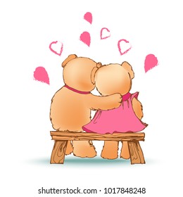 Couple of bears sitting in bench, loving characters cuddling and feeling good, hearts and love all around, vector illustration isolated on white