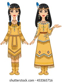 Couple of beautiful animation girls in clothes of the American Indians in different poses. Full growth. Vector illustration isolated on a white background.