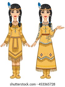 Couple of beautiful animation girls in clothes of the American Indians in different poses. Full growth. Vector illustration isolated on a white background.