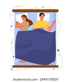 Couple at bed after quarrel. Angry man and woman lying in bedroom. Negative feelings and emotions. Conflict in family or couple. Cartoon flat vector illustration isolated on white background