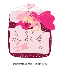 Couple in bed. Lesbian couple laying in bed, view from above. Two girls hugging in bed under the blanket, Valentines Day romantic concept. Vector illustration isolated on white. 