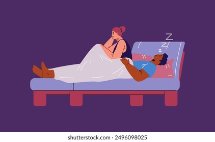 Couple in bed at night. Snoring, insomnia, bad sleep concept. Cartoon annoyed stressed young woman suffering from insomnia because of snoring husband. Vector flat illustration