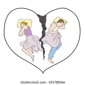 Couple in bed on the background of the heart. vector illustration