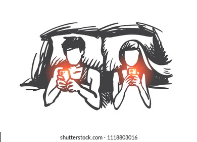 Couple, bed, smartphone, addicted concept. Hand drawn man and women couple lie in bed and looking at smartphones concept sketch. Isolated vector illustration.