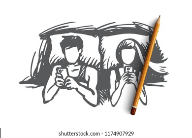 Couple, bed, smartphone, addicted concept. Hand drawn man and women couple lie in bed and looking at smartphones concept sketch. Isolated vector illustration.