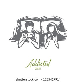 Couple, bed, smartphone, addicted concept. Hand drawn man and women couple lie in bed and looking at smartphones concept sketch. Isolated vector illustration.